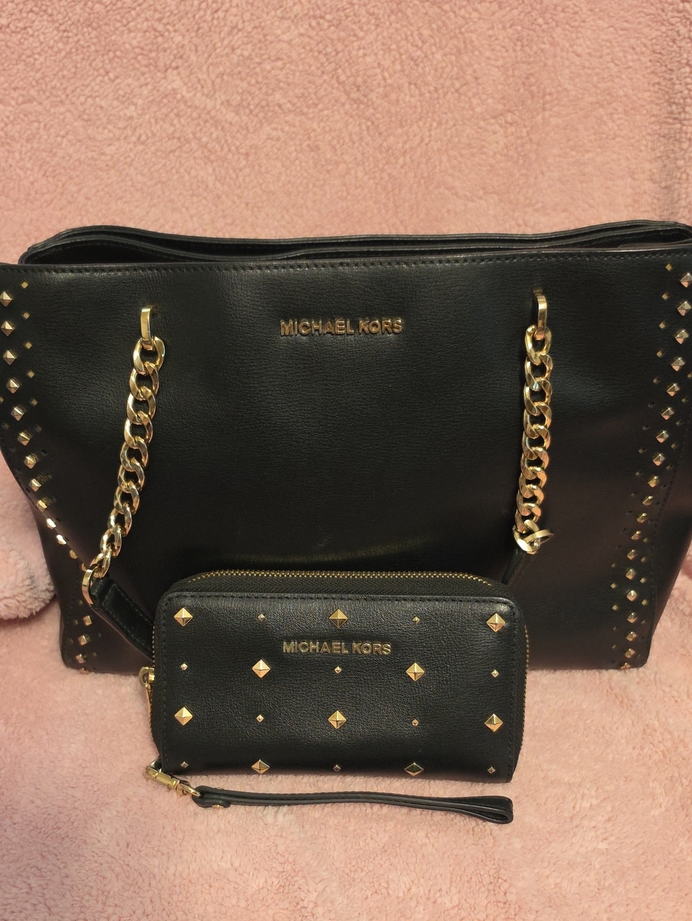 Michael Kors Black Tote and Studded Wallet with Gold Hardware